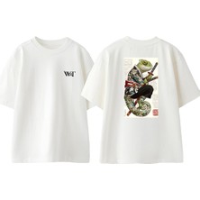 Samuray Bukalemun Tasarım Sırt Baskılı Pamuk Beyaz Oversize T-Shirt