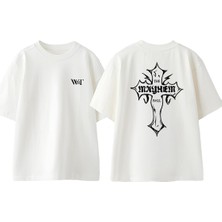 Mayhem 4 Tasarım Sırt Baskılı Pamuk Beyaz Oversize T-Shirt
