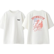 Lady And Tramp Tasarım Sırt Baskılı Pamuk Beyaz Oversize T-Shirt