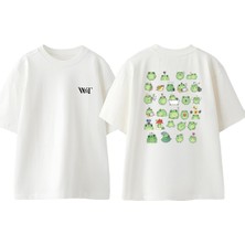 Tatlı Kurbağalar Tasarım Sırt Baskılı Pamuk Beyaz Oversize T-Shirt
