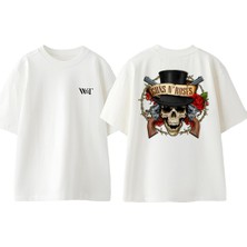 Guns N Roses Rock Müzik 7 Tasarım Sırt Baskılı Pamuk Beyaz Oversize T-Shirt