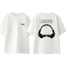 Jaws 3 Tasarım Sırt Baskılı Pamuk Beyaz Oversize T-Shirt