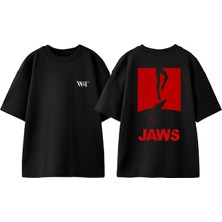 Jaws 4 Tasarım Sırt Baskılı Pamuk Siyah Oversize T-Shirt