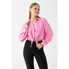 Kadın Çift Cepli Bağlama Detaylı Gömlek Pembe - 25Y 34142-1