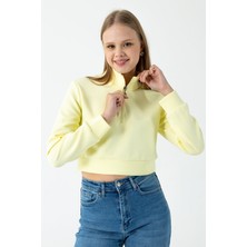 Kadın Dik Yaka Yarım Fermuarlı Uzun Kollu Sweatshirt Sarı - 2534