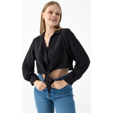 Kadın Çift Cepli Bağlama Detaylı Gömlek Siyah - 25Y 34142-1