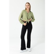 Kadın Çift Cepli Bağlama Detaylı Gömlek Haki - 25Y 34142-1