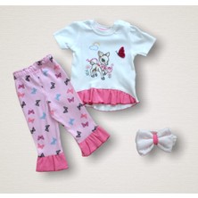 Diji Baby 6-9 9-12 12-18 Ay Ceylanın Rüyası Baskılı Bandanalı Kısa Kollu Sweat 3lü Kız Bebek Takımı