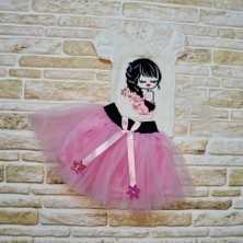 Diji Baby 9-12-18 Ay Saçı Örgülü Kız Nakışlı Kurdelalı Kısa Kollu Tütü Etek 2li Kız Bebek Takımı