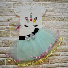 Diji Baby 9-12-18 Ay Payetli Pony Nakışlı Tokalı Kısa Kollu Tütü Etek 3lü Kız Bebek Takımı