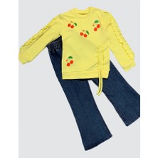 Diji Baby 4-5-6 Yaş Kot Pantolonlu Kiraz Desenli Penye Sweat Uzun Kollu 2li Kız Çocuk Takımı