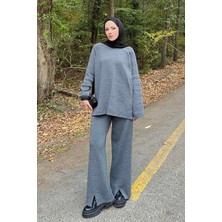 Basic Pantolon Önü Yırtmaçlı Triko Tesettür Takım Gri