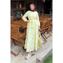 Yarım Düğme Detaylı Terikoton Elbise Sarı