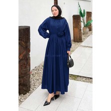 Pileli Poplin Elbise Lacivert