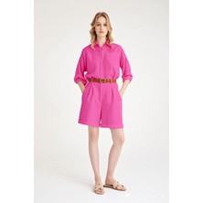 1Tarz Yazlık Keten Uzun Kol Gömlek Şort İkili Fuşya Takım