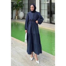 Bel Büzgülü Tesettür Elbise Lacivert