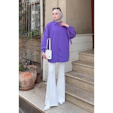 Lamelif Kol Detaylı Oversize Gömlek Mor Kadın Giyim Poplin Kumaş Düz Desen Uzun Kol