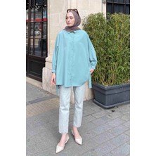 Lamelif Kadın Oversize Gömlek Mint Yeşili Dokuma Kumaş Düz Desen Kol Detaylı