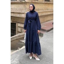 Yarım Düğme Detaylı Terikoton Elbise Lacivert