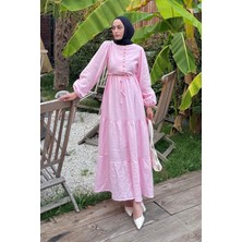 Bel Büzgülü Tesettür Elbise Pembe