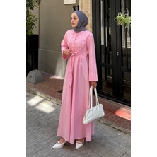 Ön Bağlama Detaylı Tesettür Elbise Pembe