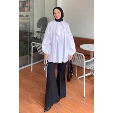 Yaka Fular Detaylı Gömlek Beyaz