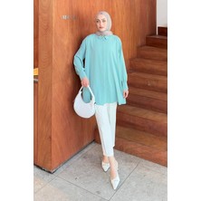 Gizli Düğme Detaylı Tesettür Tunik Mint Yeşili