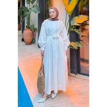 Pileli Poplin Elbise Beyaz