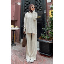 Fermuar Detaylı Pantolon Tesettür Takım Krem