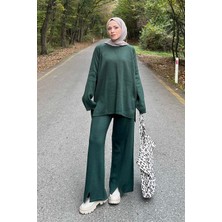 Basic Pantolon Önü Yırtmaçlı Triko Tesettür Takım Haki
