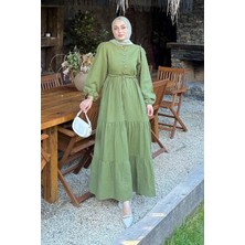 Bel Büzgülü Tesettür Elbise Haki