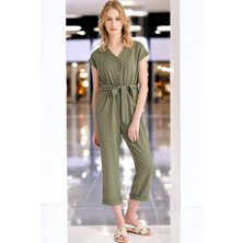 Yazlık V Yaka Kolsuz Şık Keten Tulum