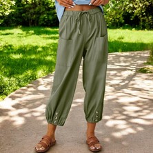 Beli Lastikli Düğme Detaylı Günlük Keten Pantolon
