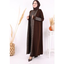 Belli Kısımları Simli Tam Boy Elbise Hırka 2li Triko Takım 22223 Kahverengi