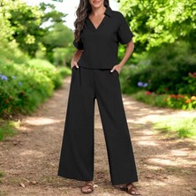 Yazlık Şık V Yaka Keten Takım