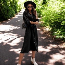 Gömlek Yaka Düğmeli Kemerli Keten Elbise