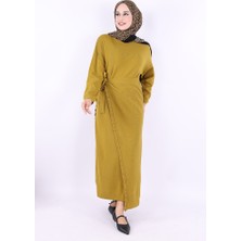 Bym Fashion Pelerinli Bağlamalı Triko Elbise 17031 Yağ Yeşili