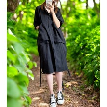 Yazlık Cep Detaylı Rahat Keten Elbise