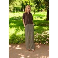 Yazlık Düğmeli Tasarım Kadın Keten Pantolon