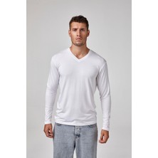 Erkek Beyaz Uzun Kollu V Yaka Modal Basic Tişört C7T2N6O1