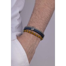 Gümüş Pazarım Lacivert Örgü Model Deri Bileklik Yanında Ceyt Taşı Erkek Bileklik Kombini