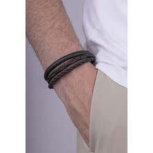 Gümüş Pazarım 3 Parça Örgü Modelli Kahverengi Detaylı Erkek Deri Bileklik