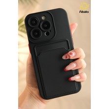 Fibaks Apple iPhone 15 Pro Max Kamera Korumalı Kartlıklı Cüzdanlı Kırmızı Tuşlu Siyah Silikon Kılıf