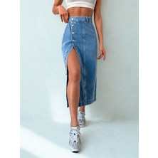 Polo State Kadın Midi Yırtmaçlı Kot Etek Mavi Renk Dokuma Kumaş ile İlkbahar Yaz Modası