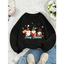 Yılbaşı Noel Temalı Baskılı Rahat Kalıp Şardonlu Sweatshirt