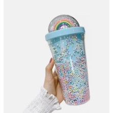 Pipetli Bardak Matara Sevimli Suluk 450 ml Çift Katmanlı Boncuklu