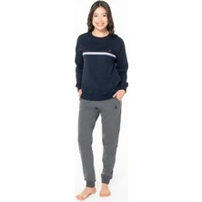 Kadın Bisiklet Yaka Uzun Kollu Pijama Takımı S26121 Bantlı Paça Rahat Kumaş