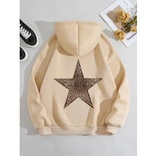 Trend Leopar Yıldız Baskılı Rahat Kalıp Kadın Oversize Kapüşonlu Sweatshirt