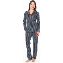 Kadın Uzun Kollu Çizgili Gömlek Pijama Takımı S26138 Rahat Nefes Alabilen Kumaş