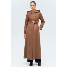 Kapüşonlu Garni Detaylı Süet Görünümlü Pardesü Taba 6677